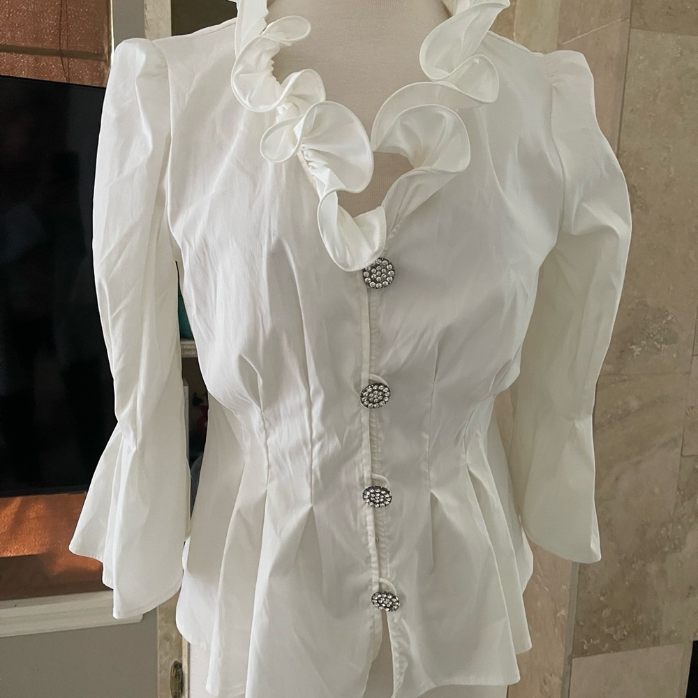 Woman’s Evening blouse Adrianna Papel cream 12 ruffle collar rhinestone buttons - Picture 4 of 13